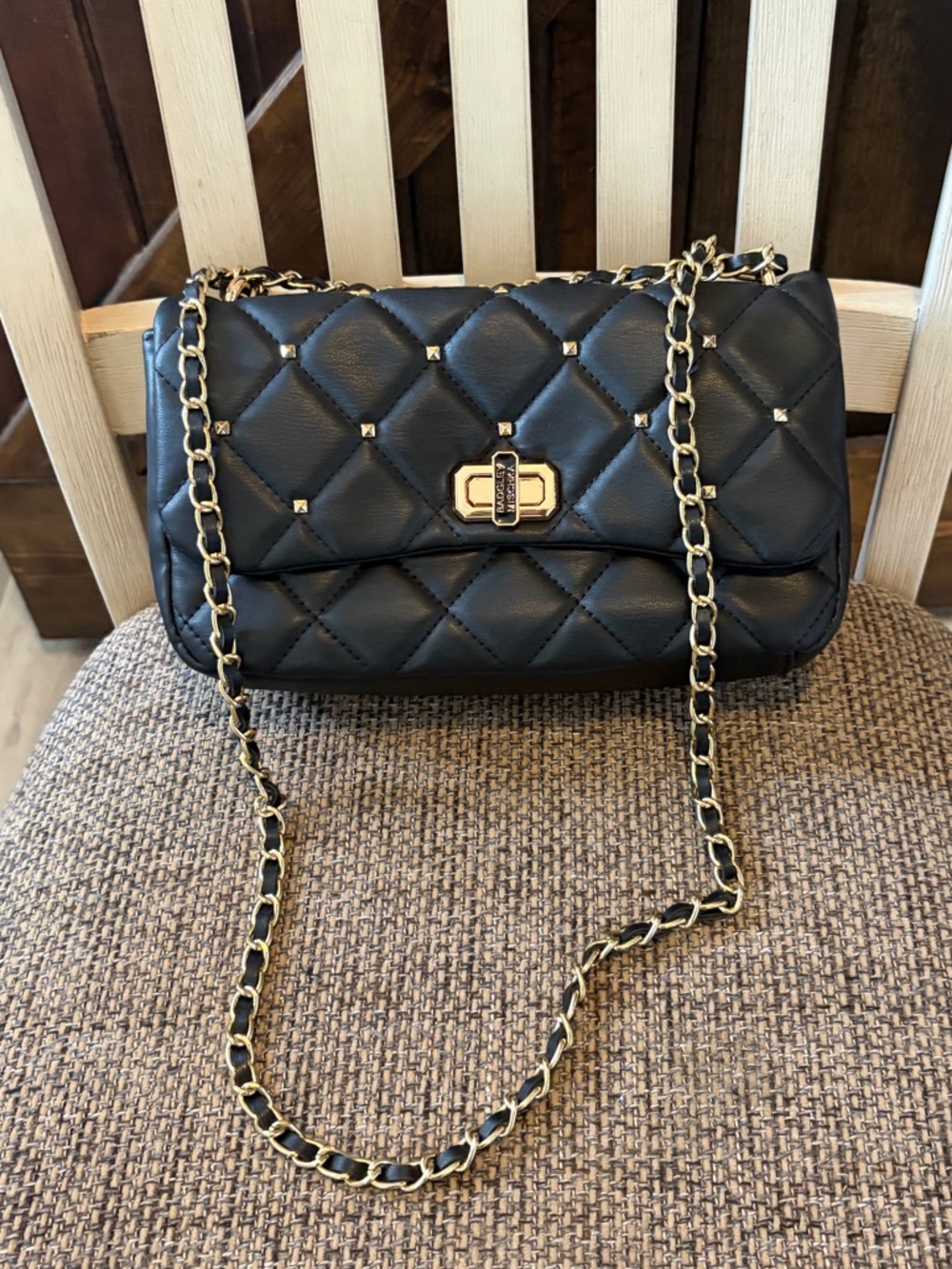 Badgley Mischka Black Quilted Crossbody with Gold Chain - Picture 2 of 10